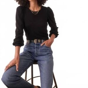 Marine Layer | Women’s Black Ribbed Long Puff Sleeve Lexi Crewneck Top‎ Size M